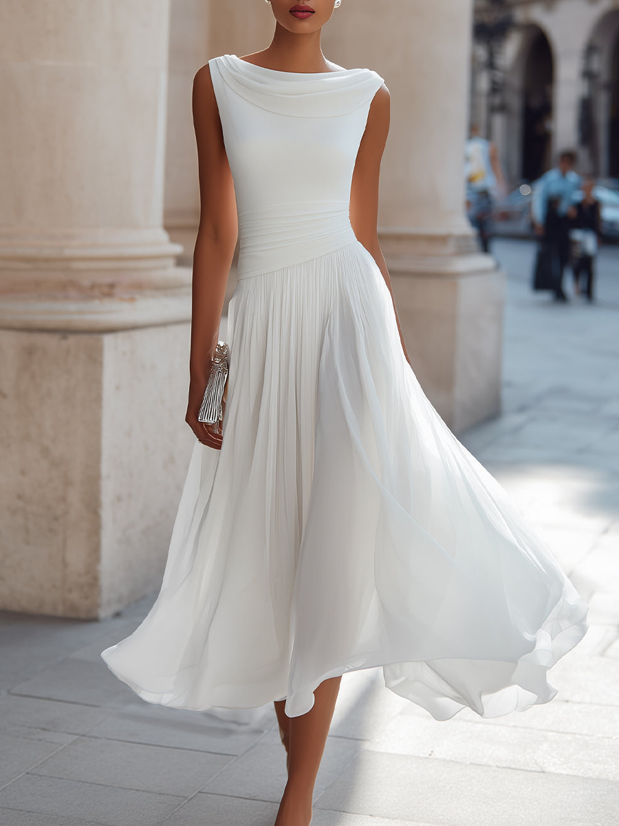 Isabelle | Draped Neck Pleated Midi Dress — RoselynAtelier