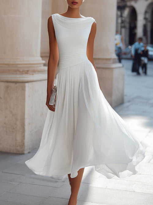 Isabelle | Draped Neck Pleated Midi Dress — RoselynAtelier