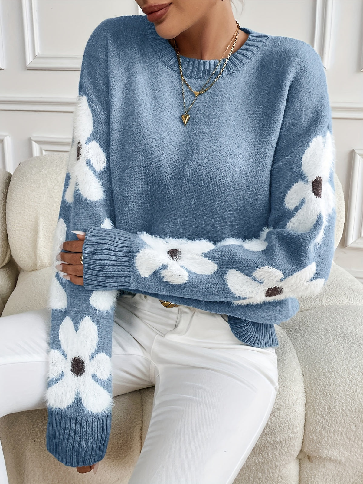 Chloe Floral Drop Shoulder Knitted Jumper - front view