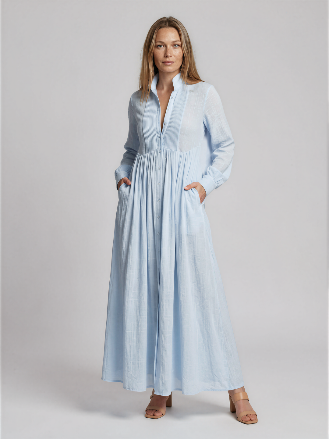 Elizabeth Button Front Maxi Shirt Dress with Pintuck Bib and Long Sleeves - view 6