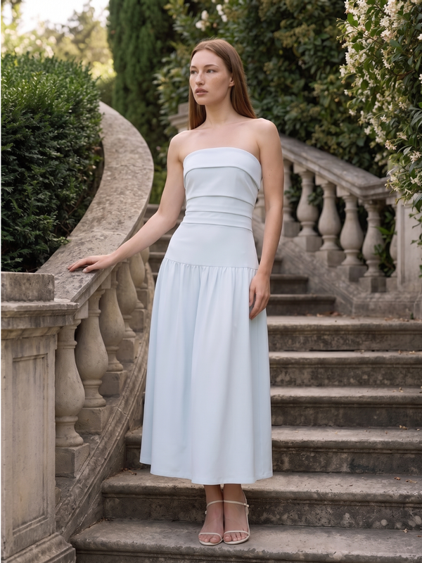 Matilda | Strapless Fold Over Neckline Drop Waist Midi Dress