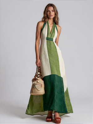 Orla | Colour Block Halter V Neck Linen Cotton Maxi Dress