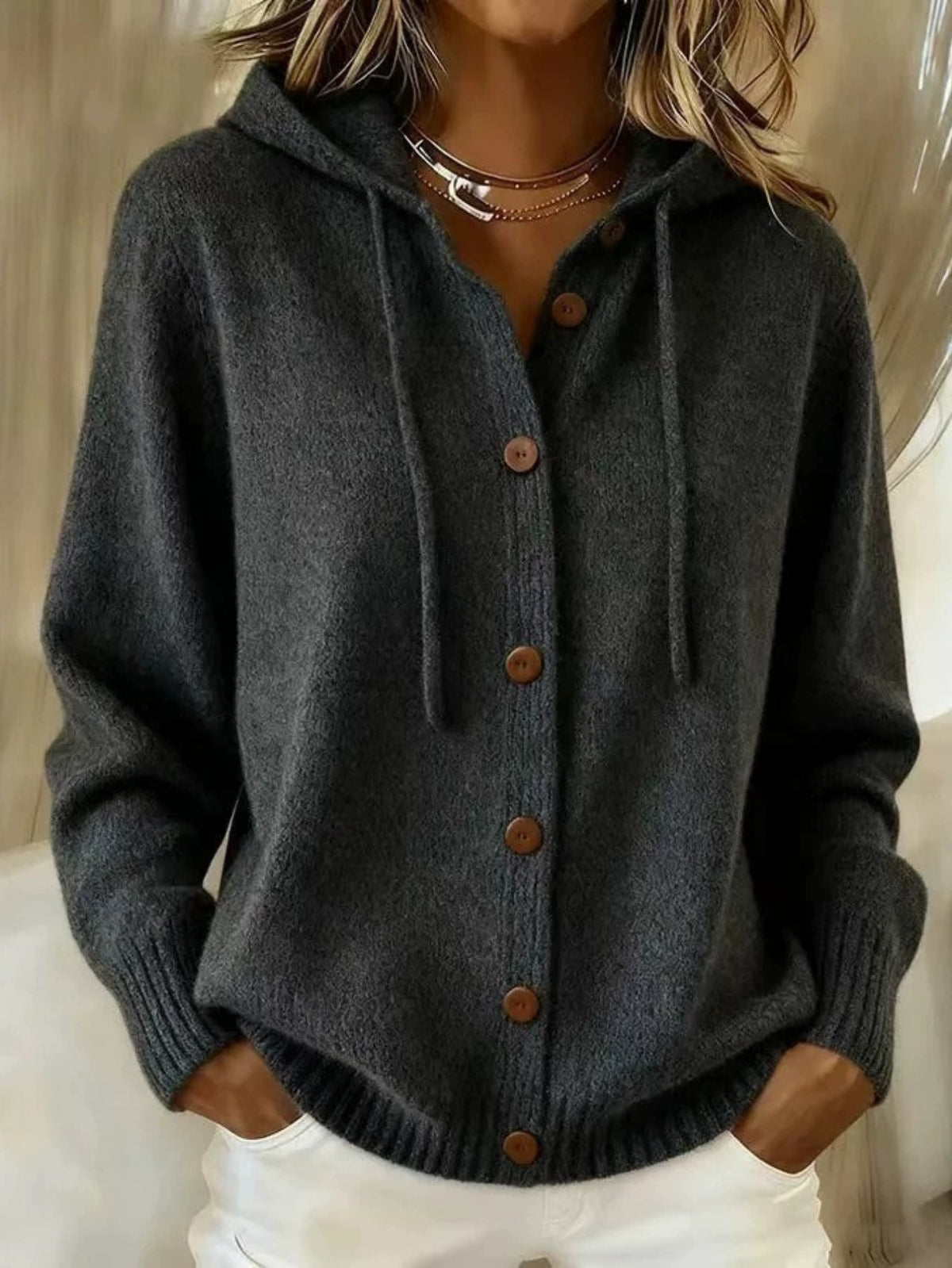 Willow Hooded Button Up Cardigan - front view