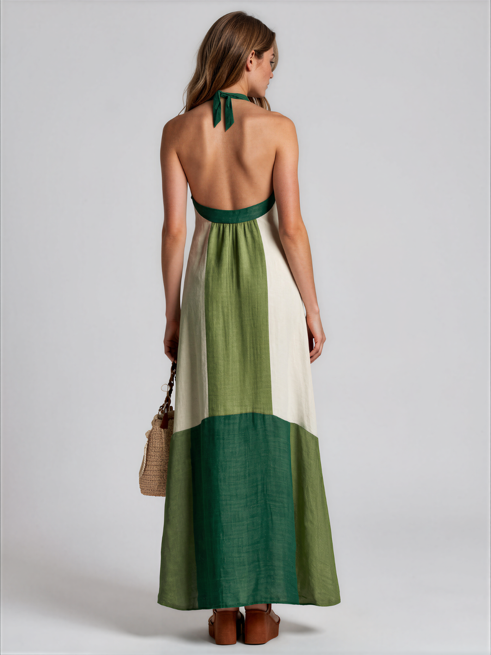 Orla | Colour Block Halter V Neck Linen Cotton Maxi Dress