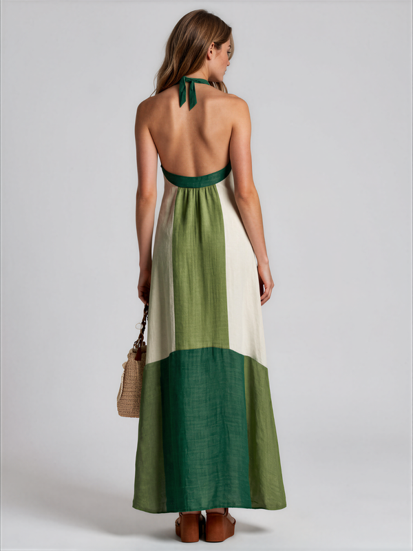 Orla | Colour Block Halter V Neck Linen Cotton Maxi Dress