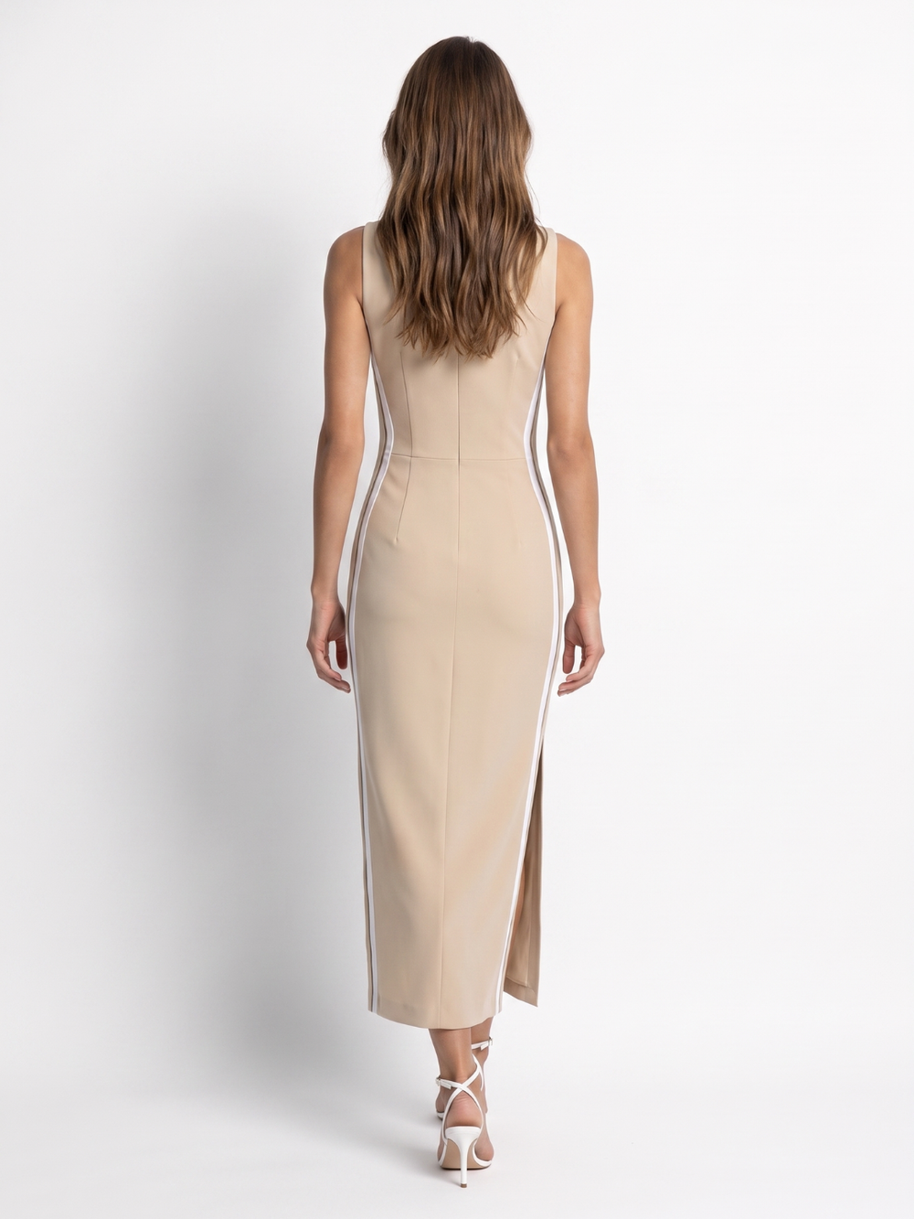 Cecily | Sleeveless Deep V Neck Contrast Trim Midi Dress with Side Slit