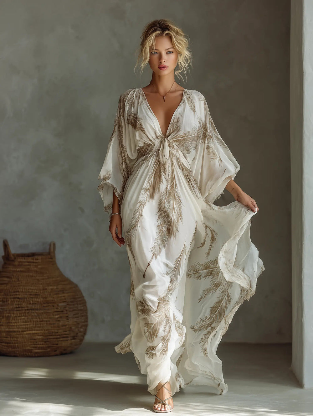 Serena | Palm Print Chiffon Maxi Dress — RoselynAtelier