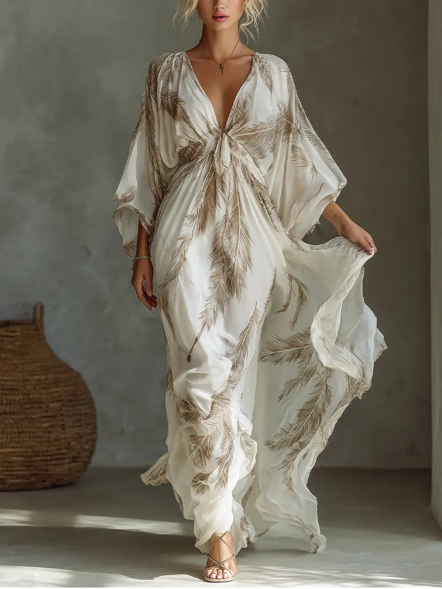 Serena | Palm Print Chiffon Maxi Dress — RoselynAtelier