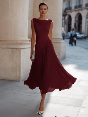 Isabelle | Draped Neck Pleated Midi Dress — RoselynAtelier
