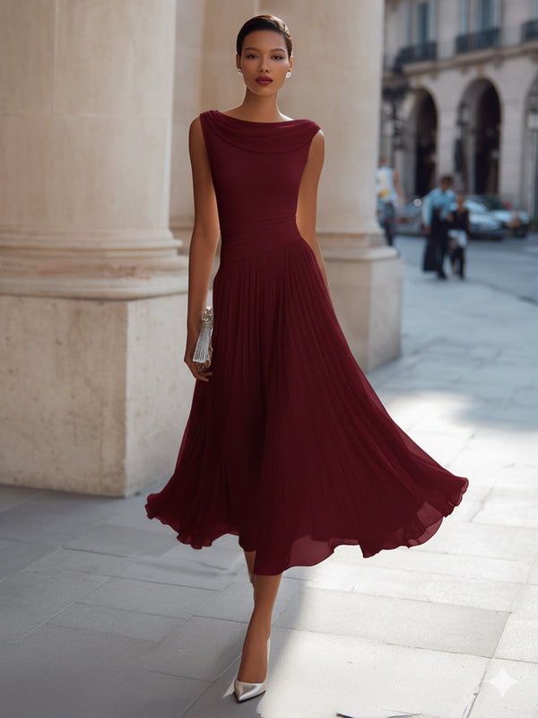 Isabelle | Draped Neck Pleated Midi Dress — RoselynAtelier