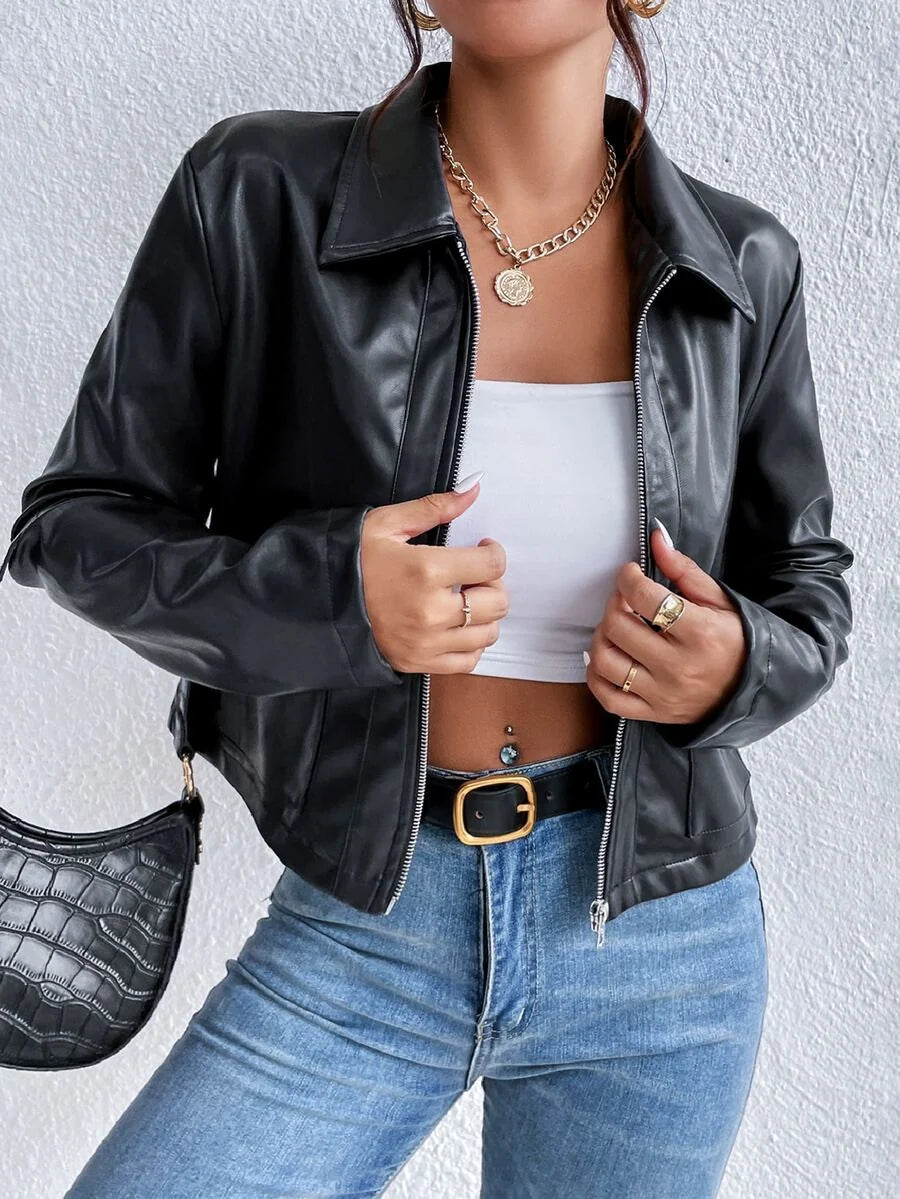 Greta Cropped Faux Leather Collar Jacket - view 3