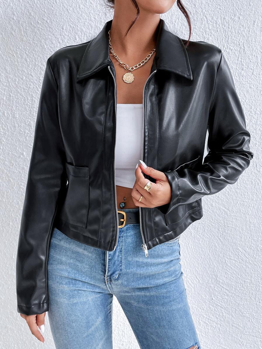 Greta Cropped Faux Leather Collar Jacket - front view