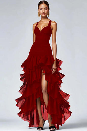 Black Organza A Line Tiered Thick Straps Ruffled Long Formal Dress