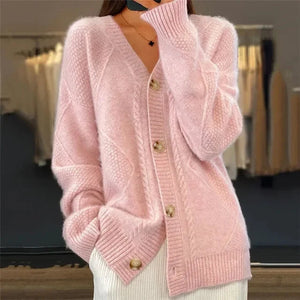 Aaliyah | Button Front V-Neck Cardigan with Diamond Knit Detail, Everyday Layer oaklynwear