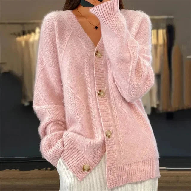 Lily Button Front V-Neck Cardigan with Diamond Knit Detail - view 3