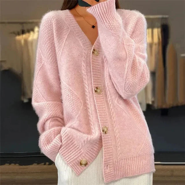 Aaliyah | Button Front V-Neck Cardigan with Diamond Knit Detail, Everyday Layer oaklynwear