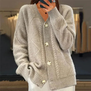 Aaliyah | Button Front V-Neck Cardigan with Diamond Knit Detail, Everyday Layer oaklynwear