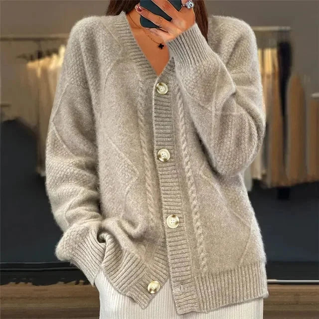 Lily Button Front V-Neck Cardigan with Diamond Knit Detail - front view