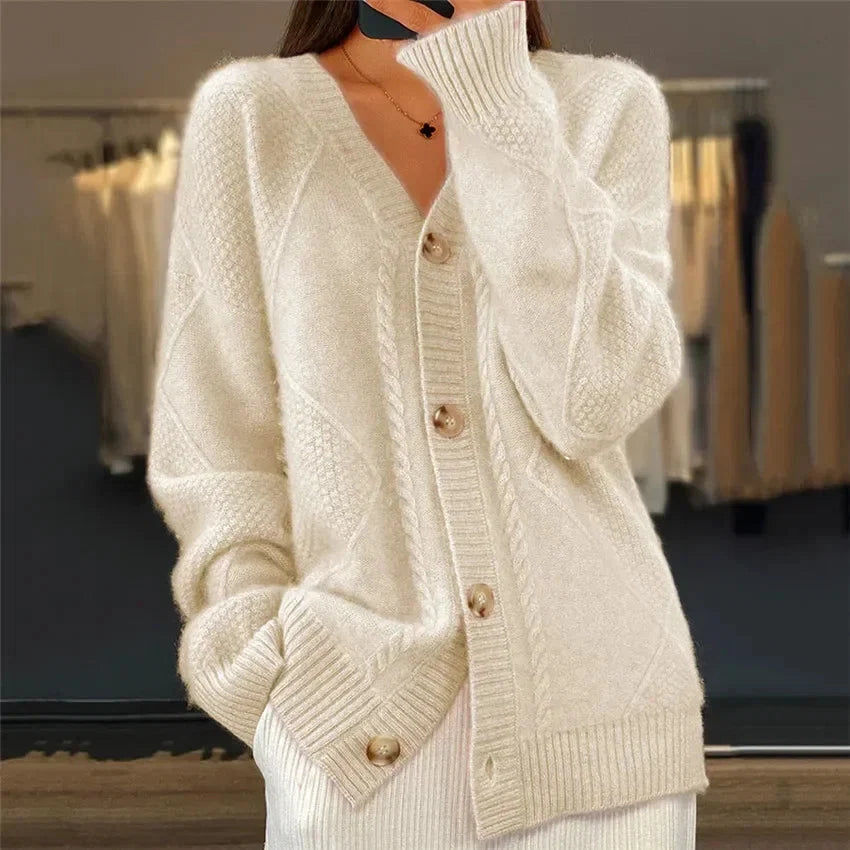Lily Button Front V-Neck Cardigan with Diamond Knit Detail - view 7