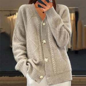 Aaliyah | Button Front V-Neck Cardigan with Diamond Knit Detail, Everyday Layer oaklynwear