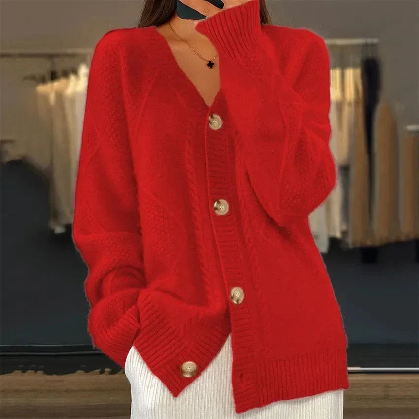 Lily Button Front V-Neck Cardigan with Diamond Knit Detail - view 6