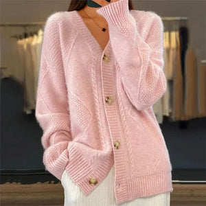 Aaliyah | Button Front V-Neck Cardigan with Diamond Knit Detail, Everyday Layer oaklynwear