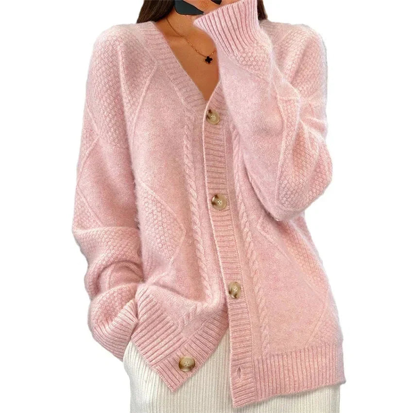 Lily Button Front V-Neck Cardigan with Diamond Knit Detail - view 9