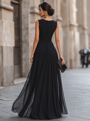 Draped High-Slit Layered Maxi Evening Dress