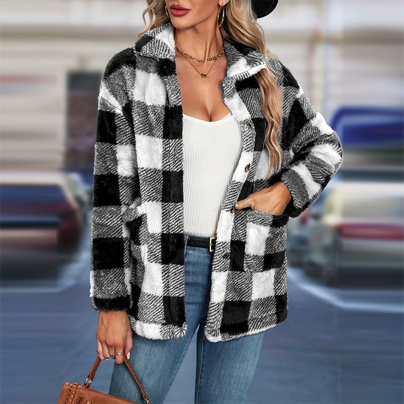 Bea Check Teddy Button Front Shacket - front view