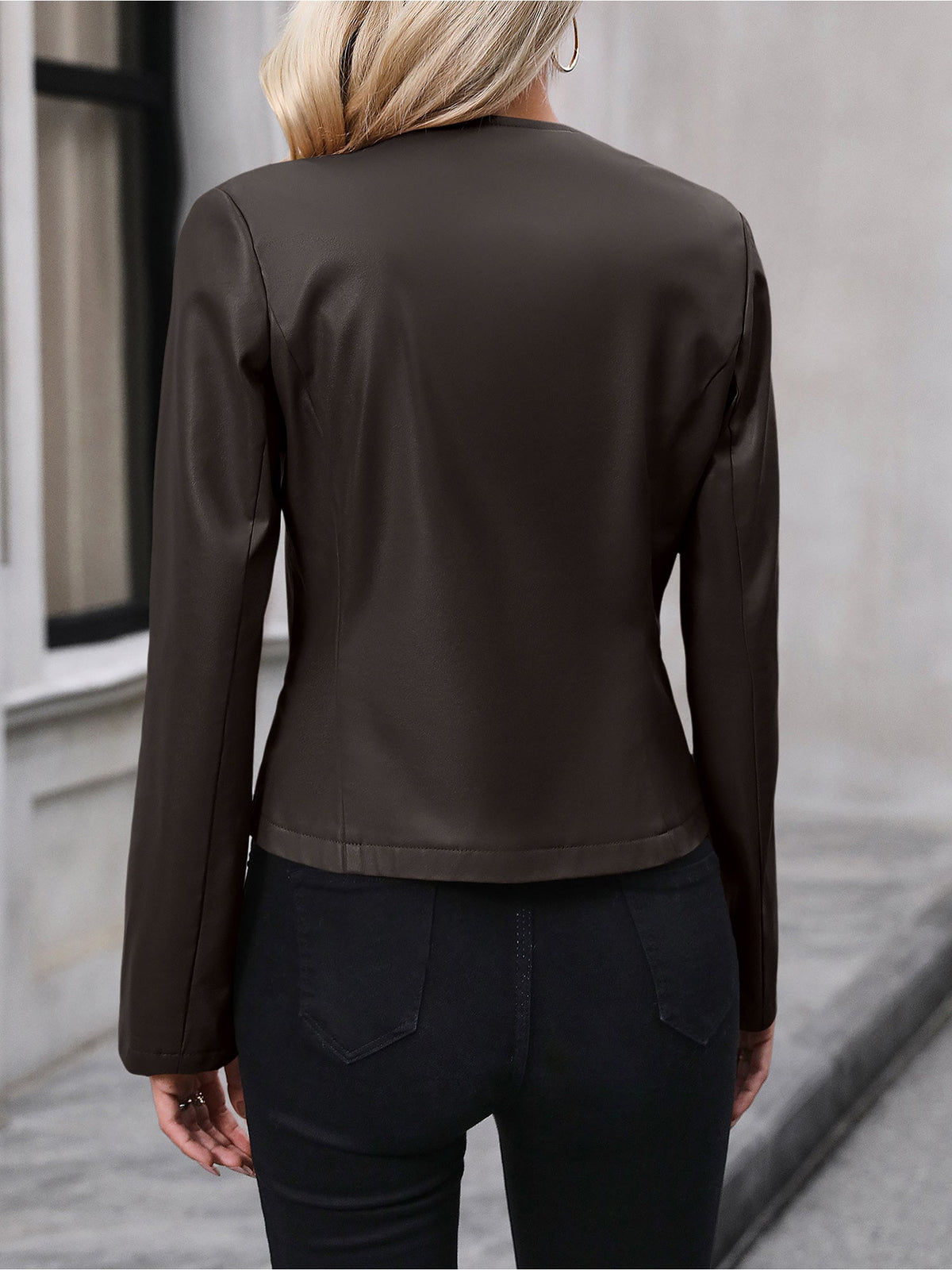 Pearl Cropped Faux Leather Round Neck Jacket - view 11