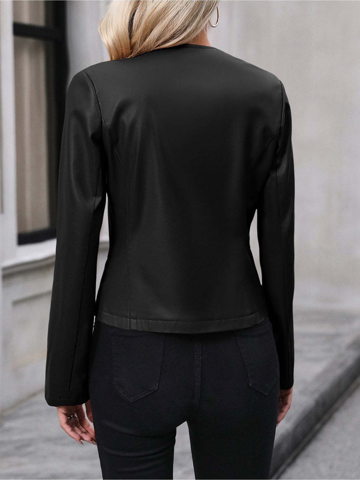 Pearl Cropped Faux Leather Round Neck Jacket - view 2