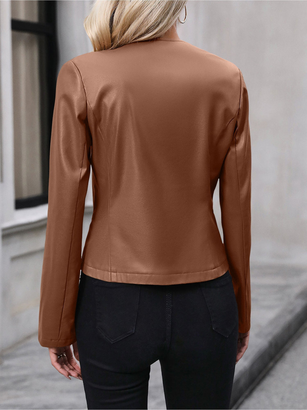 Pearl Cropped Faux Leather Round Neck Jacket - view 8