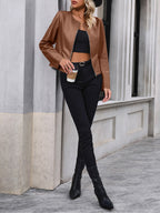 Pearl Cropped Faux Leather Round Neck Jacket - view 9