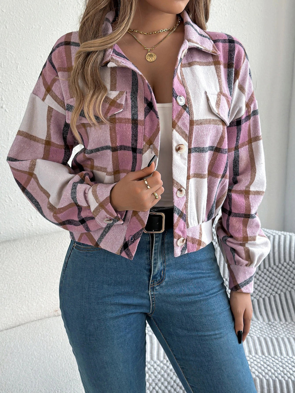 Romy Cropped Check Button Front Shacket - view 3