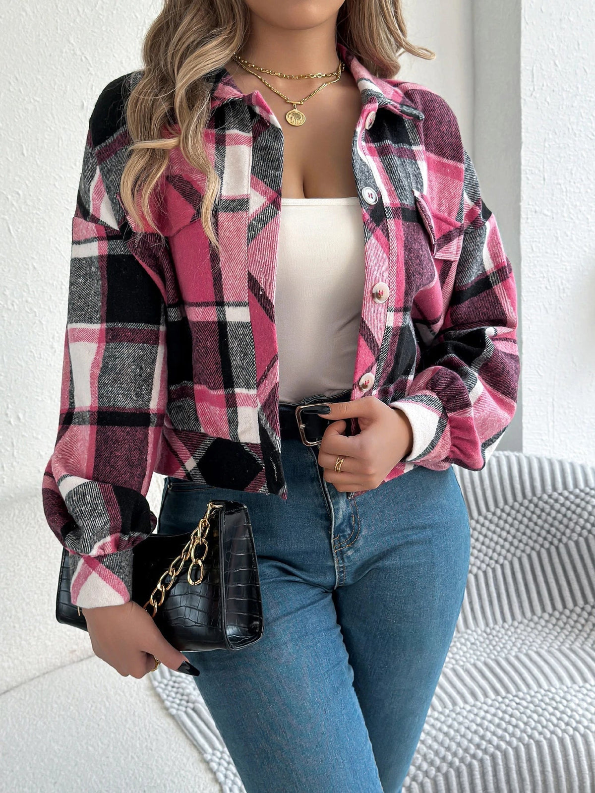 Romy Cropped Check Button Front Shacket - view 5