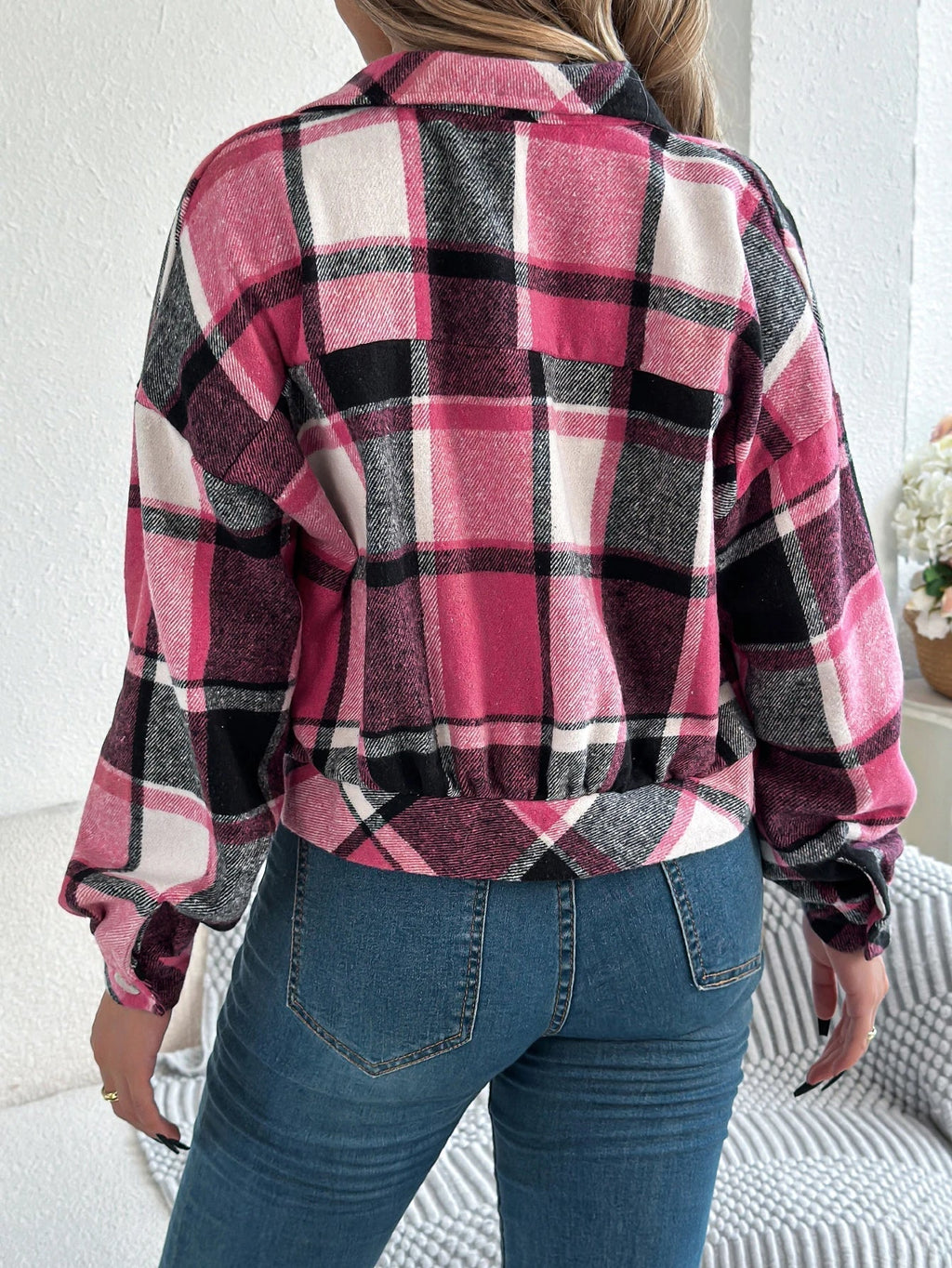 Romy Cropped Check Button Front Shacket - view 6