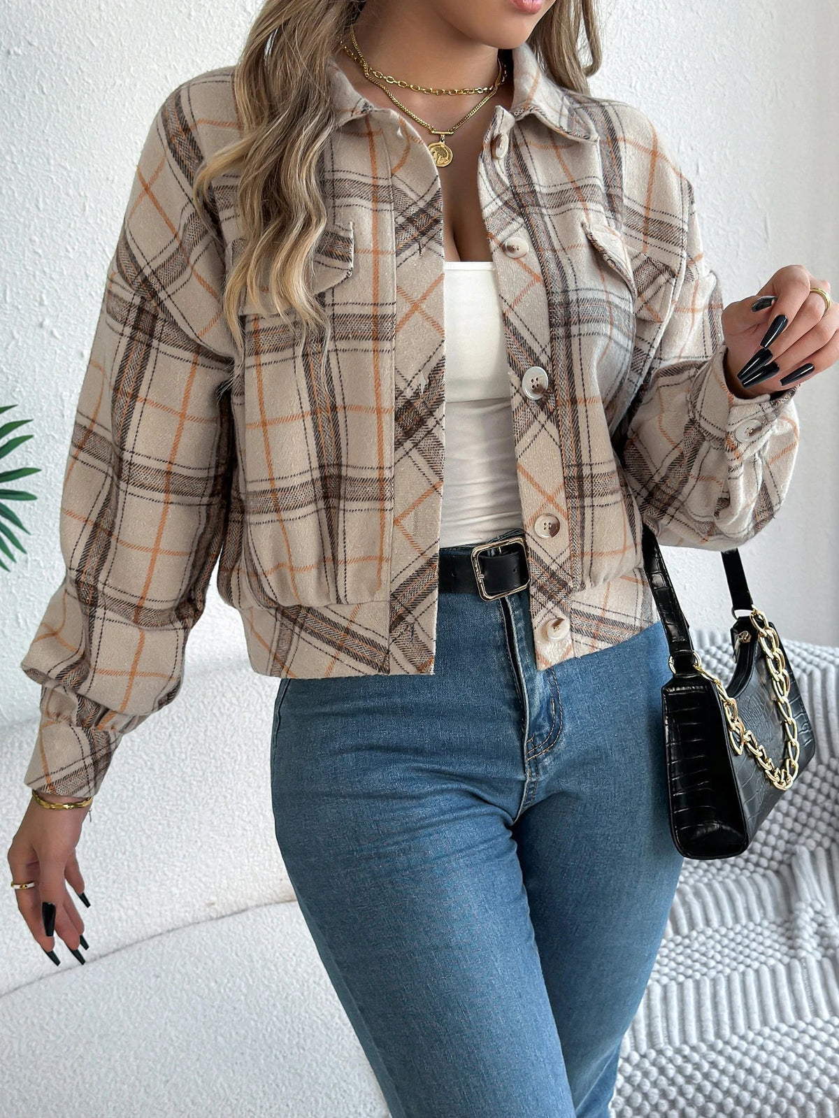 Romy Cropped Check Button Front Shacket - view 7
