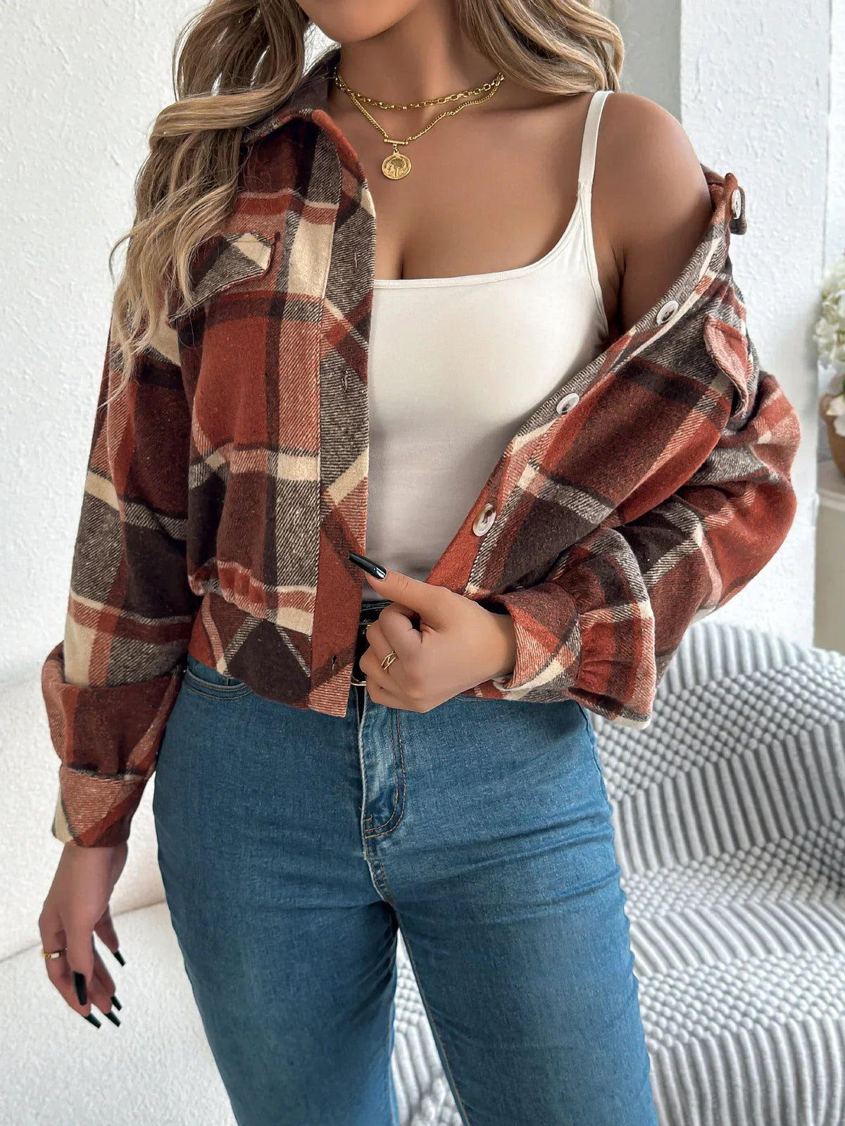 Romy Cropped Check Button Front Shacket - view 9
