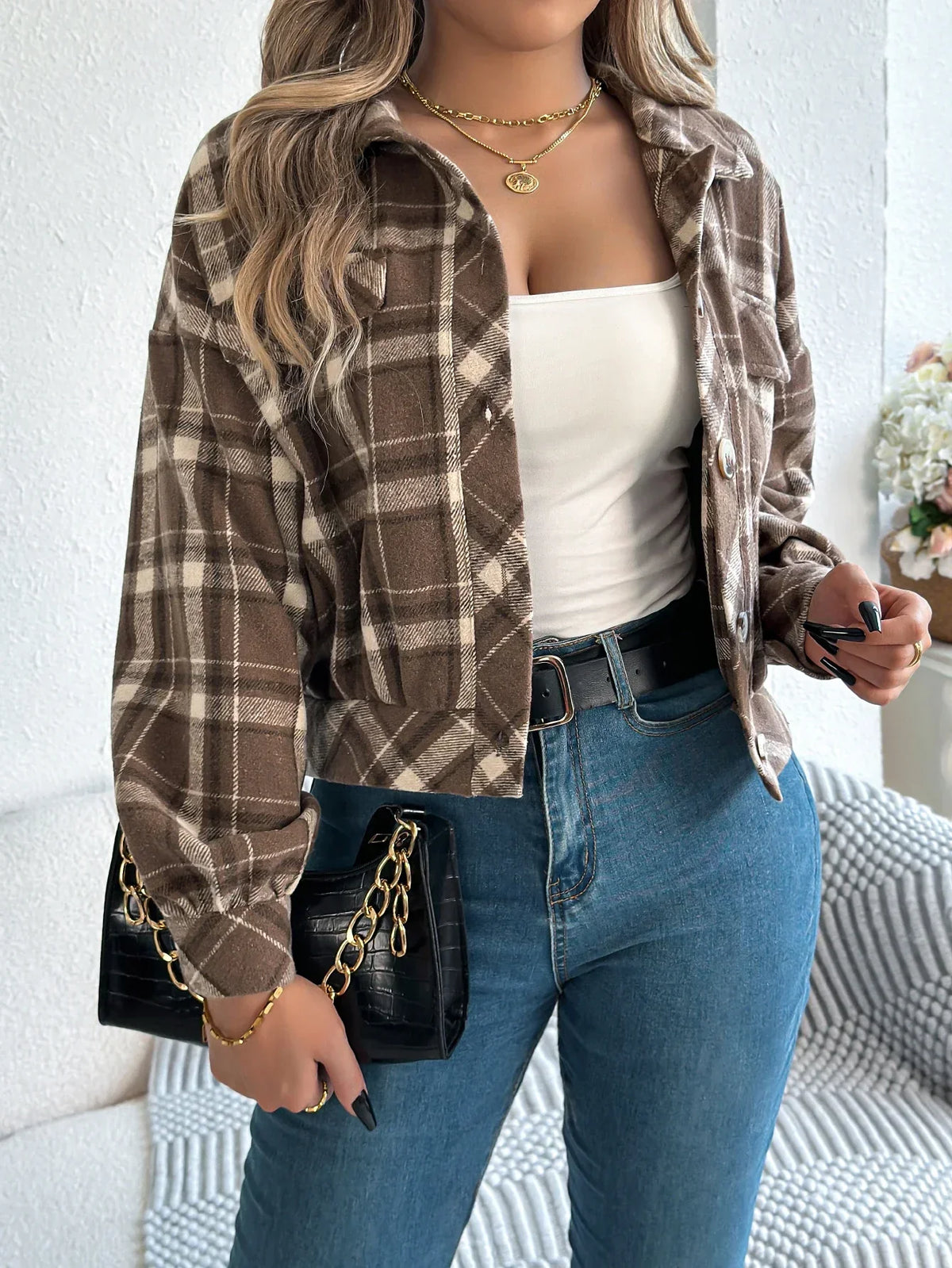 Romy Cropped Check Button Front Shacket - front view