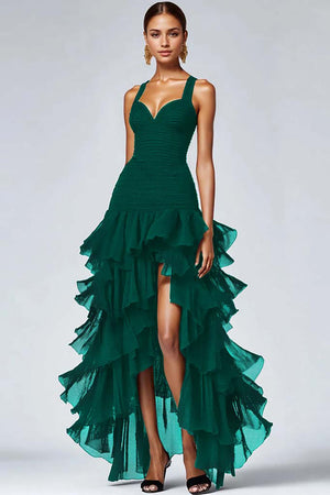 Black Organza A Line Tiered Thick Straps Ruffled Long Formal Dress