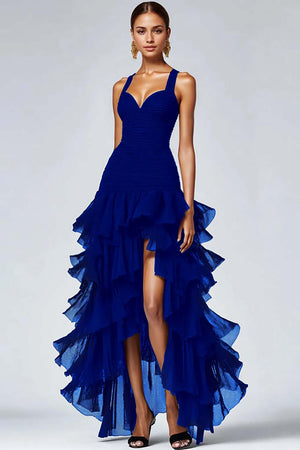 Black Organza A Line Tiered Thick Straps Ruffled Long Formal Dress