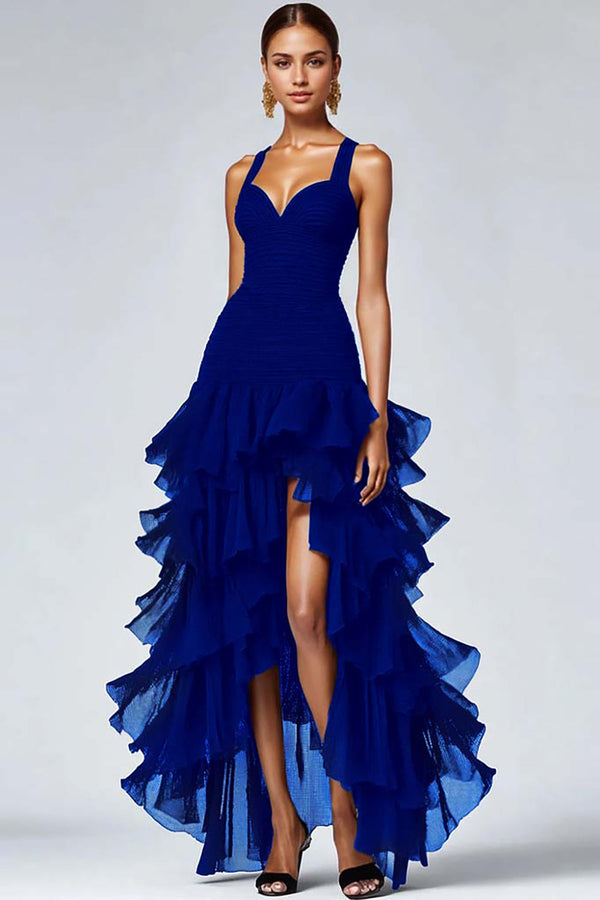 Black Organza A Line Tiered Thick Straps Ruffled Long Formal Dress