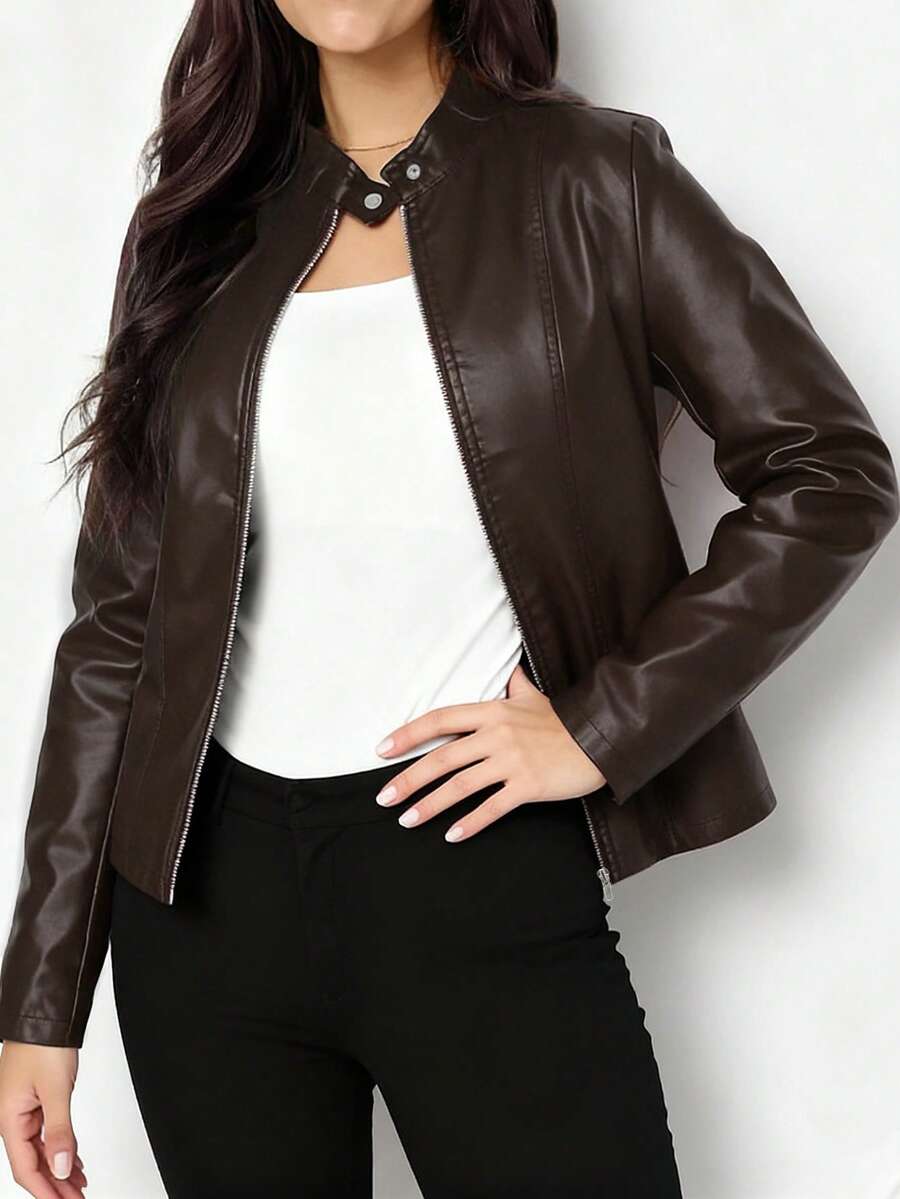 Cleo Fitted Faux Leather Biker Jacket - view 12