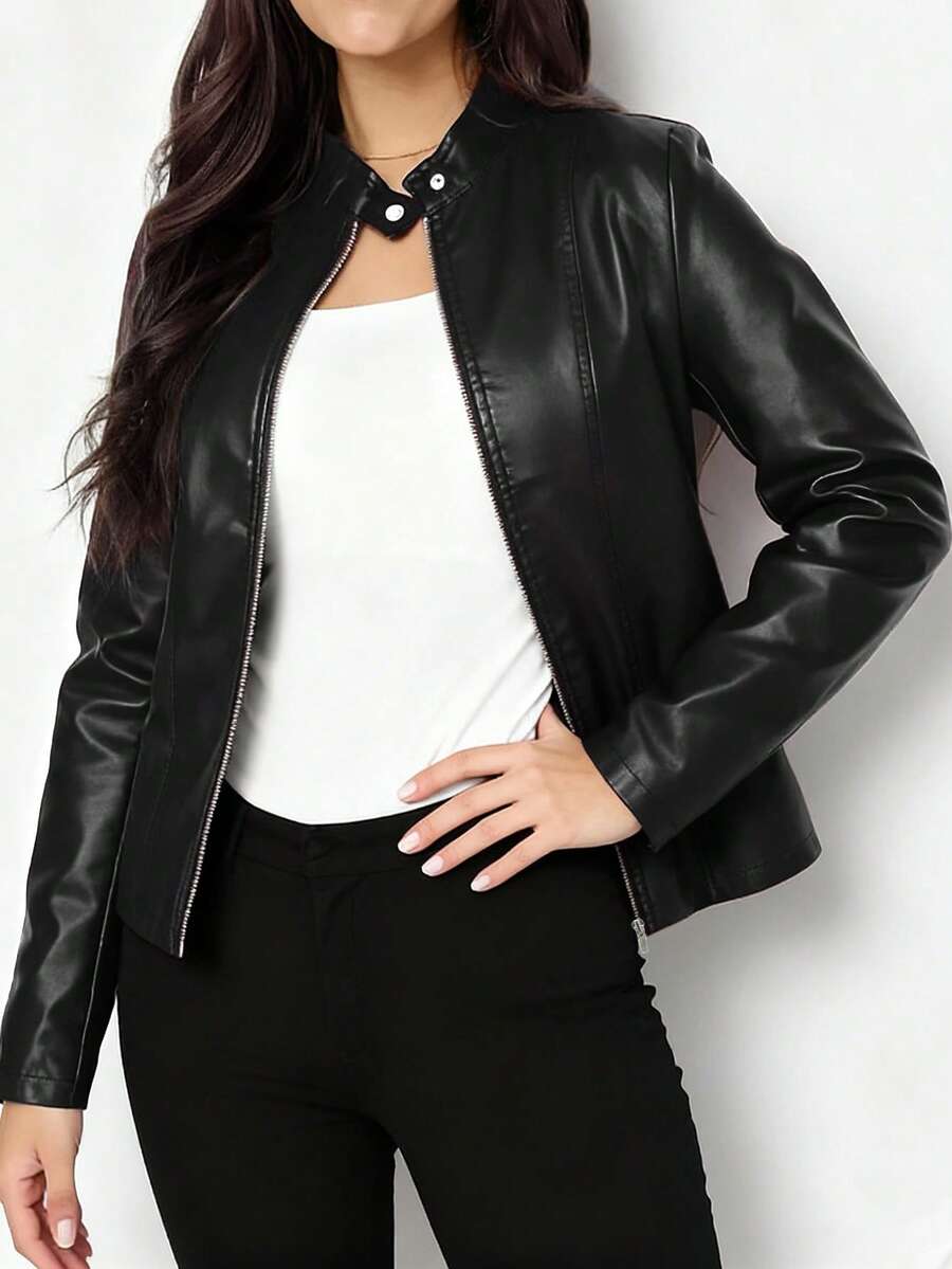 Cleo Fitted Faux Leather Biker Jacket - front view