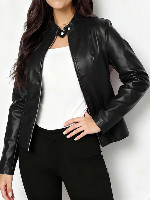 Cleo Fitted Faux Leather Biker Jacket - front view