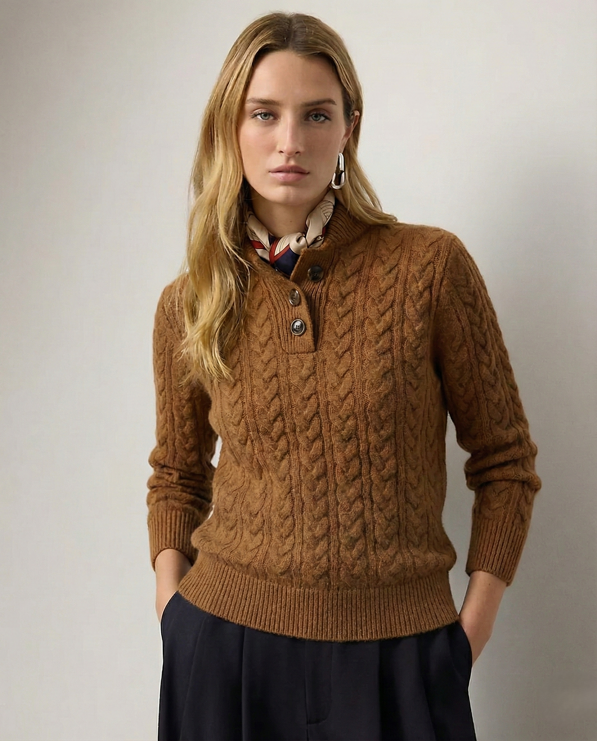 Harriet Button-Up Cable Knit Jumper with Stand Collar, Cosy Winter Knit - view 31