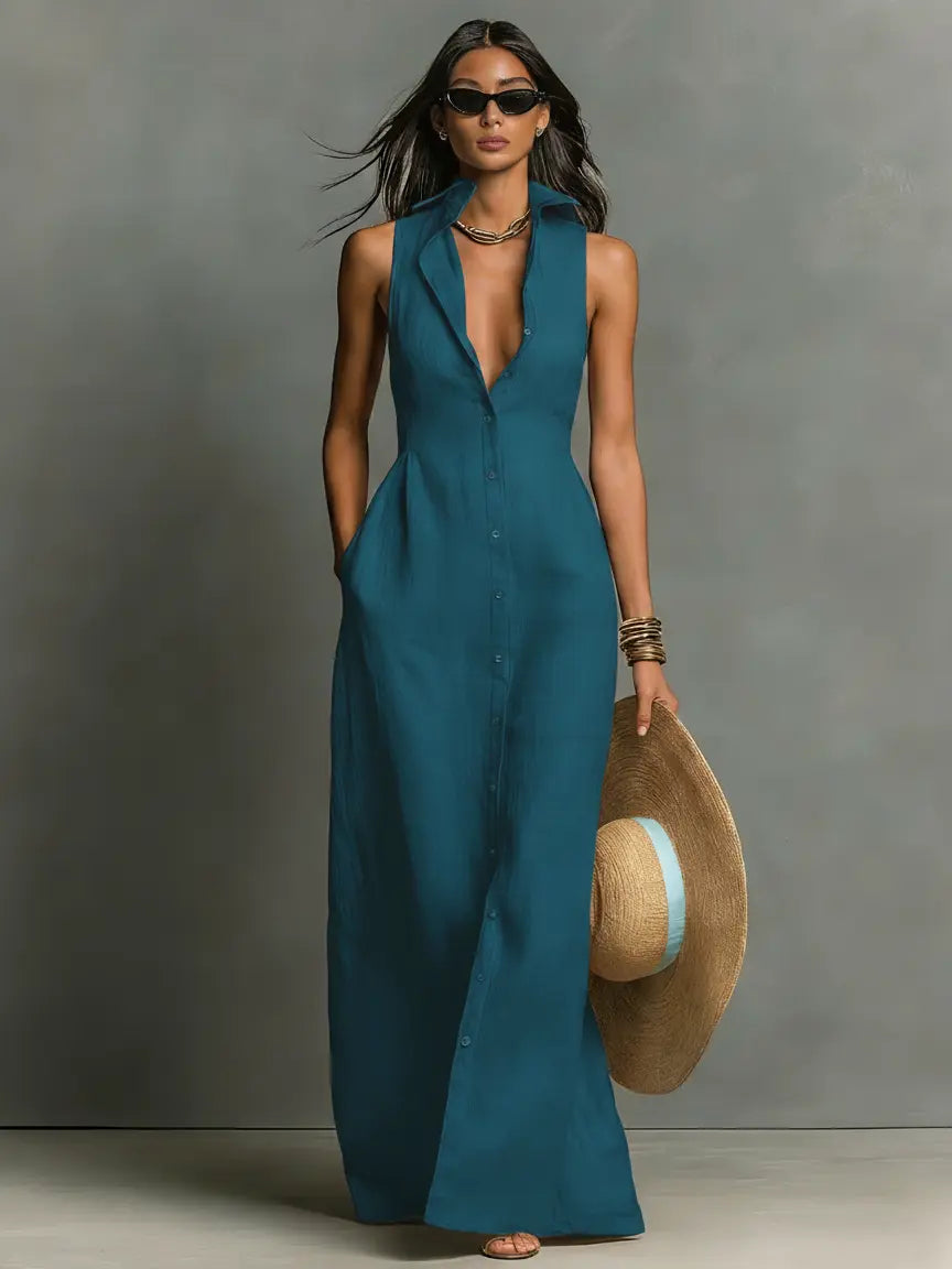 Claudette Sleeveless Collared Maxi Shirt Dress - view 3