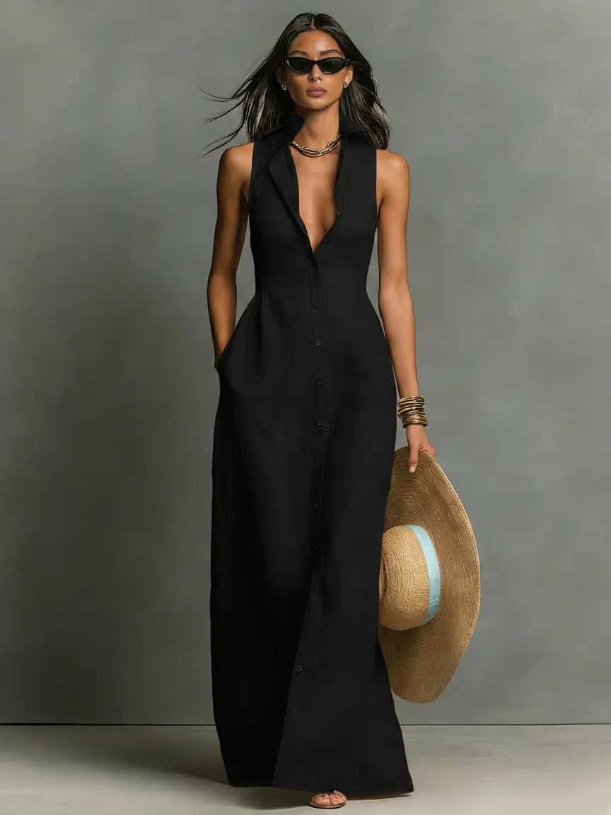 Claudette Sleeveless Collared Maxi Shirt Dress - view 4