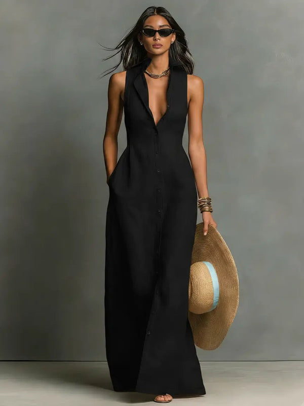 Claudette | Sleeveless Linen Maxi Shirt Dress — RoselynAtelier