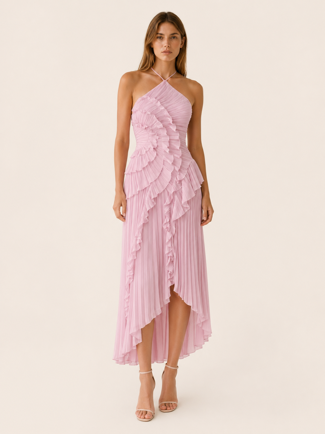 Luna Halter Neck Ruffle Maxi Dress - front view